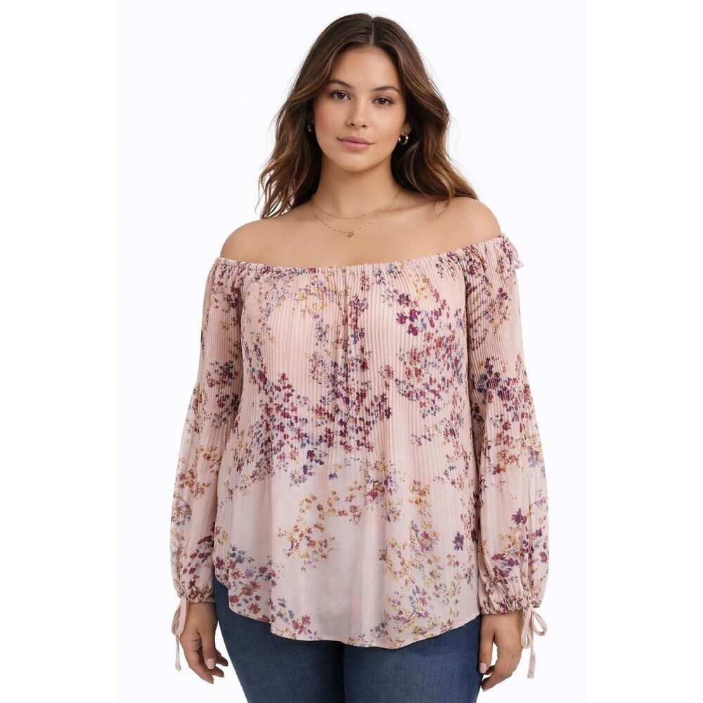 Wilfred Light Pink Floral Large Off Shoulder Pleated Blouse Boho Peasant